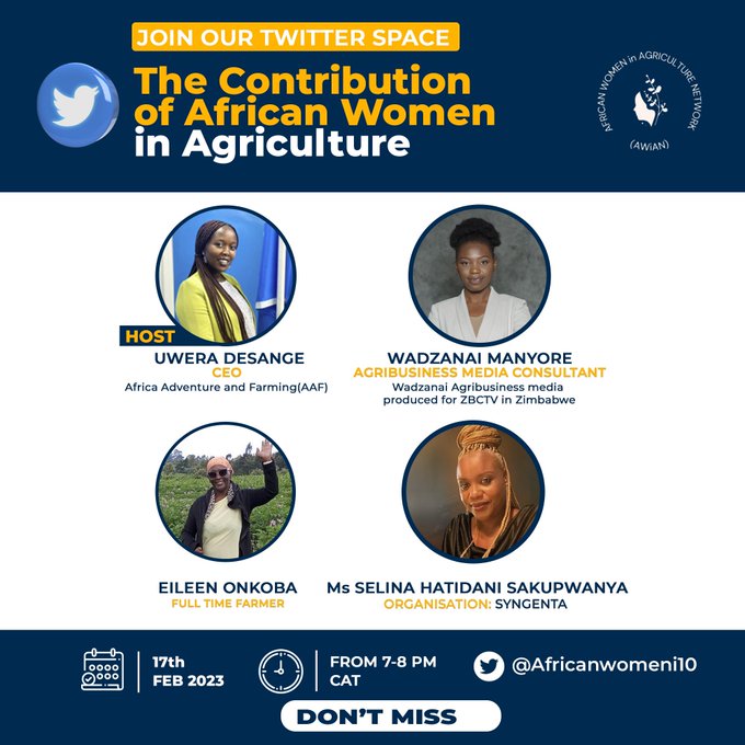 Twitter Space!
Today: February17,2023, From 7-8PM (CAT )
Topic: The contribution of African Women in Agriculture.  #womeninAg
twitter.com/i/spaces/1zqKV…
Host: @GagaUwera
 @agribusiness110
 @eileenonkoba
 @CelinaHatidani