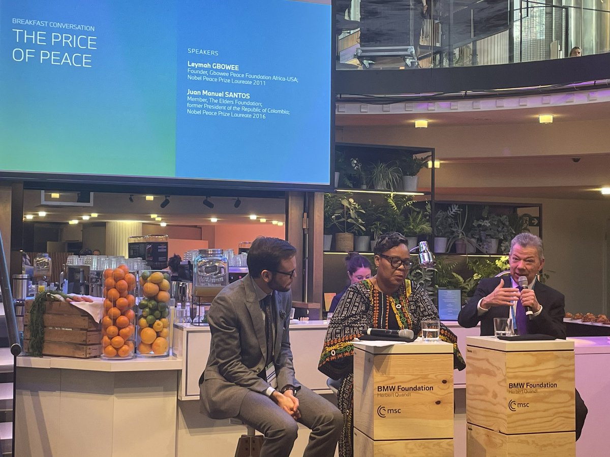 anna_rosenberg's tweet photo. In #Munich this week for the Responsible Leaders Hub at #MSC . Listening to Nobel preace price laureates talk about ‘the price of peace’. Frmr Colombian president Santos ended a 52 year long war. His message: ‘listening and humanising your adversary is the very essence of peace.’ https://t.co/0hWitvNez3
