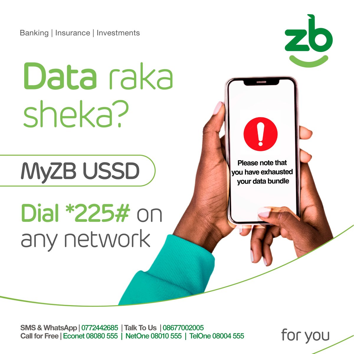 zb_foryou's tweet photo. No need for Data with MyZB USSD.
Buy airtime or pay your bills with ease.
Call us on our Toll-Free lines, and we'll guide you through the process on Econet 08080 555/ Netone 08010 555/ Telone 08004 555
#zbforyou #zbsmiles #MyZB https://t.co/JkqC81q3WJ
