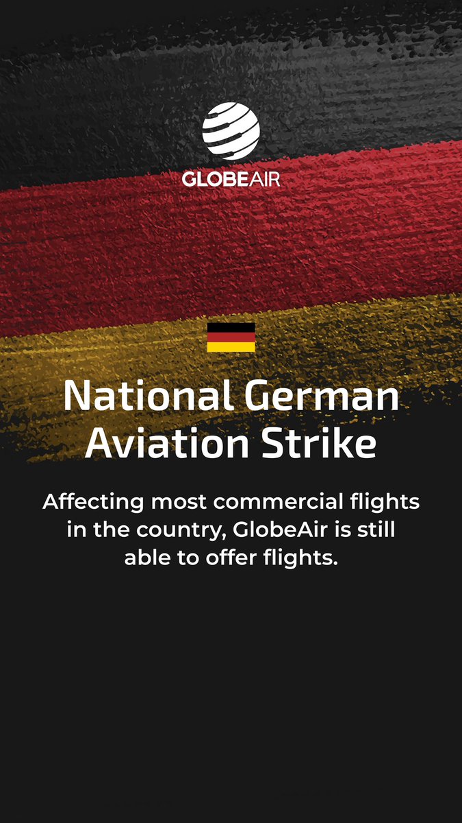 Today, there is a National German Aviation Strike. Has your flight been cancelled? Contact GlobeAir to learn more about how we can get you to your destination. Send us a WhatsApp now: wa.me/437221727400 #GlobeAir #flightcancellation #German #aviation #strike #germany