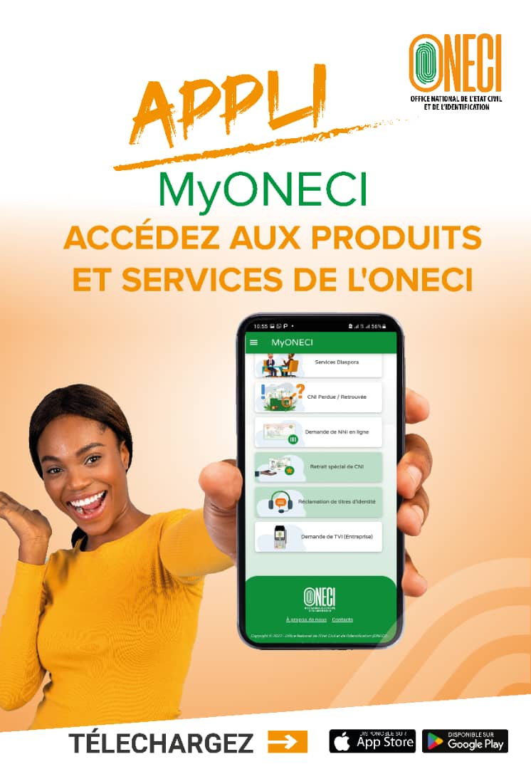 Oneci_ci's tweet photo. Encore une bonne nouvelle! 
L'ONECI met à la disposition des populations sa nouvelle application "MyONECI". 
Vous aurez accès à tous les services et produits de L'ONECI en un clic.
Rendez-vous vite sur App Store ou Google Play pour la télécharger.

#CIV225 #CIV 
#ONECI #MyONECI https://t.co/fD17xUfgdV