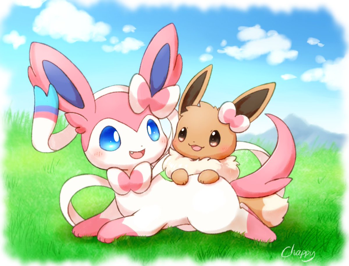 sylveon pokemon (creature) no humans one eye closed tongue blue eyes blush licking another's face  illustration images