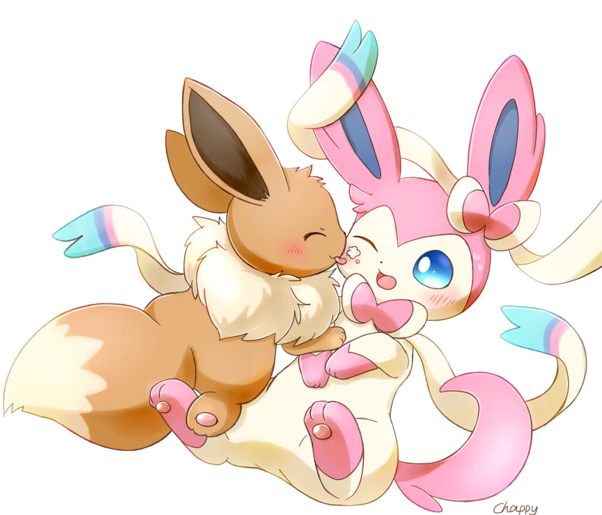 sylveon pokemon (creature) no humans one eye closed tongue blue eyes blush licking another's face  illustration images