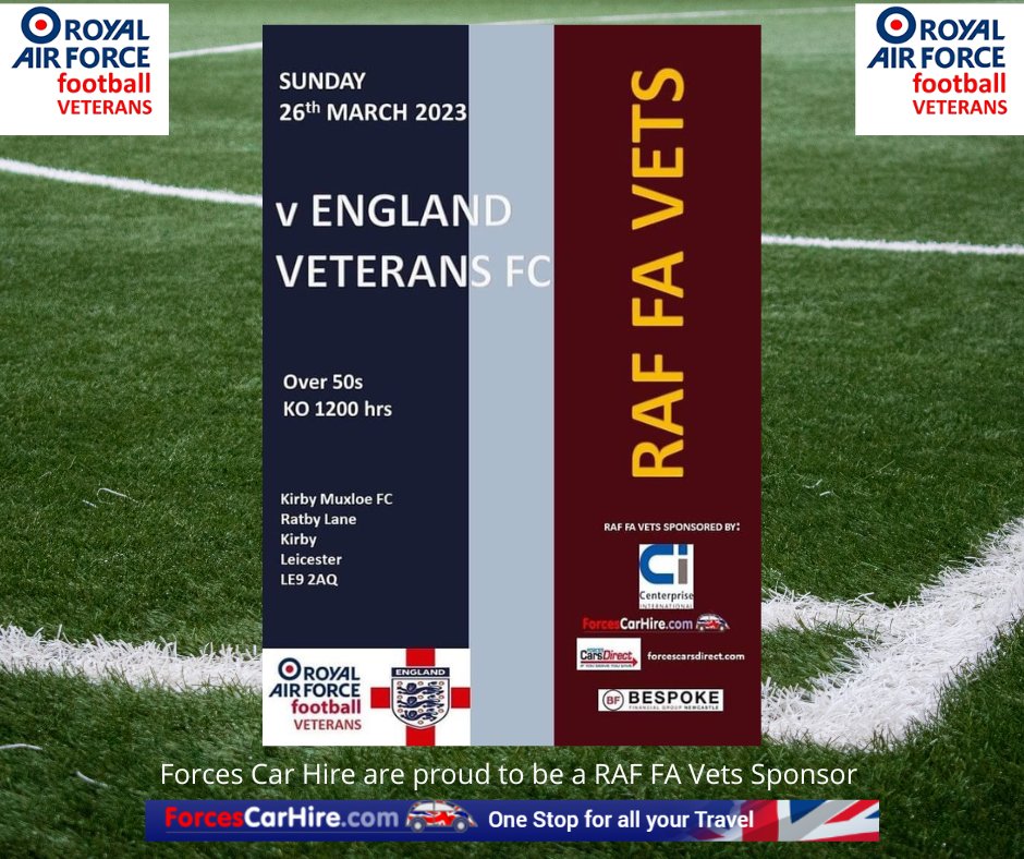 forcescarhire's tweet photo. We are proud to be a @RAFFAVets Sponsor
Over 50's Match Day
v England Veterans Over 55's
26 Mar 23 Kick Off 12:30
Kirby Muxloe FC
Ratby Lane, Kirby
LE9 2AQ
🖱️ https://t.co/Z92aIkH8ng
One Stop for all your Travel
#veterans #RAF #RAFFA #RAFSport #RAFNews #veteransfootball #pUaf https://t.co/NkztMpdxDX