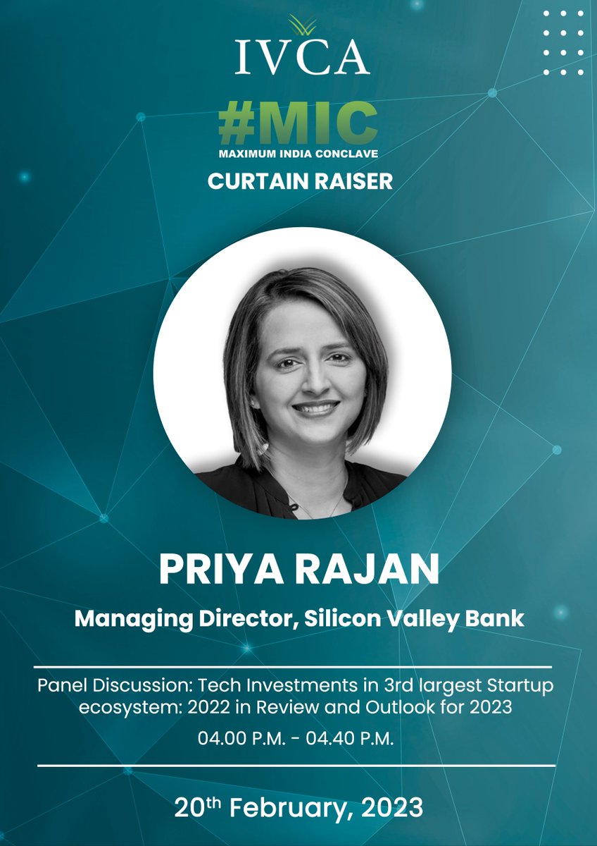 IndianVCA's tweet photo. We invite you to an insightful session on February 20th, 2023, at MCA Recreation Centre, BKC, Mumbai.
#PEVCIndia #InvestIndia #StartupIndia #Investments #alternativeinvestments #Venturecapital #privateequity #IVCAConclave #IVCAConclave2023 https://t.co/kuTgIZW3PQ