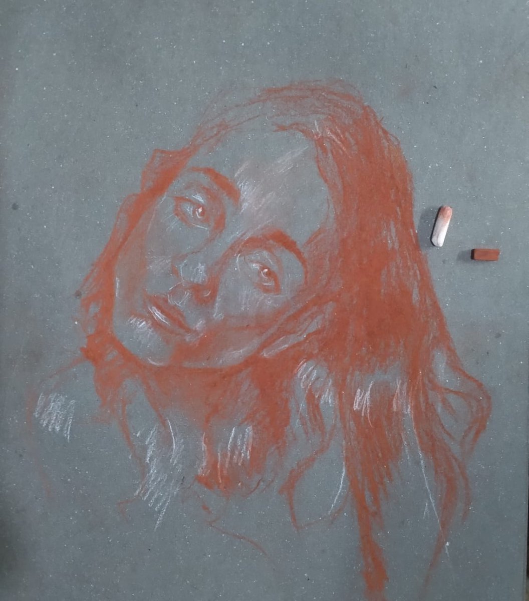 infomateriales's tweet photo. My first self-portrait with a little help
conte stick sanguine vermillion and  titanium white on paper, made from our synthetic pigments https://t.co/bj5v4T1Ome