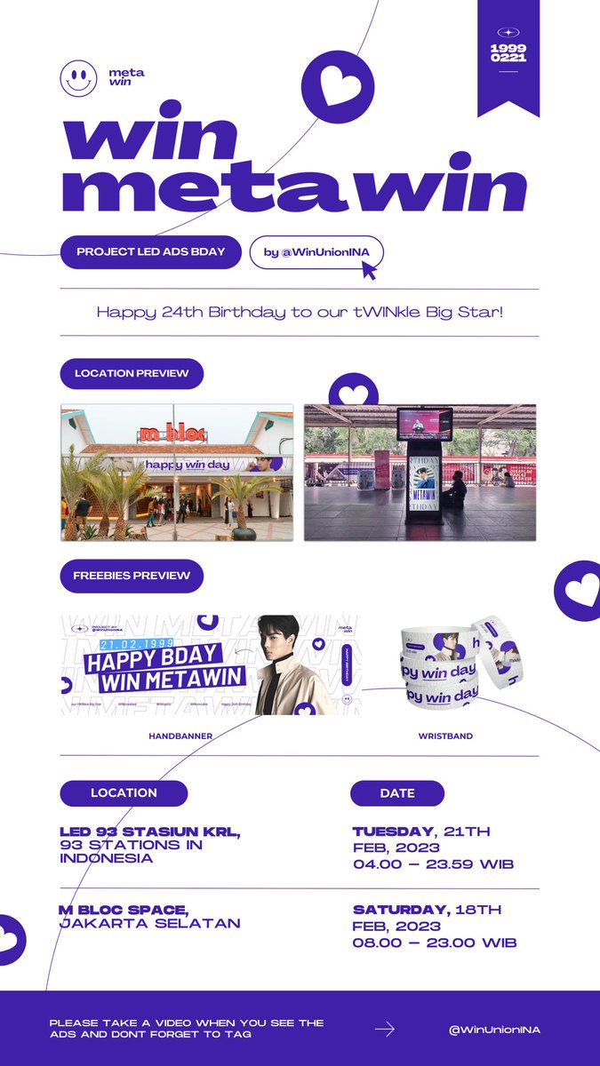 WinUnionINA's tweet photo. [ #WINtastic Birthday Project ] 
Win Metawin 24th Birthday Ads

📆 18 Feb '23
📍M BLOC SPACE Jakarta
🎁 we also would giveaway freebies at 10.00 A.M.

📆 21 Feb '23
📍93 STATIONS IN INDONESIA 

please tag us if you see the ads! 💚✨

#PhiWin24thBDProject
#winmetawin @winmetawin https://t.co/4PMcPhLaSd