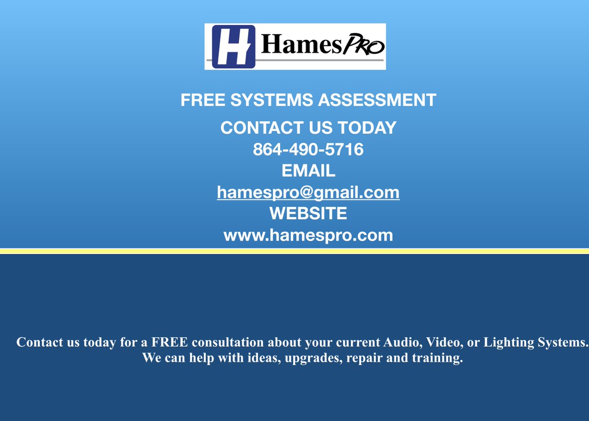 HamesPro's tweet photo. Let Hames Pro Help you with your Audio Visual Projects coming up in 2023. We are ready when you are. Give us a call for a FREE consultation. 864-490-5716 https://t.co/SBfyZnmFhr