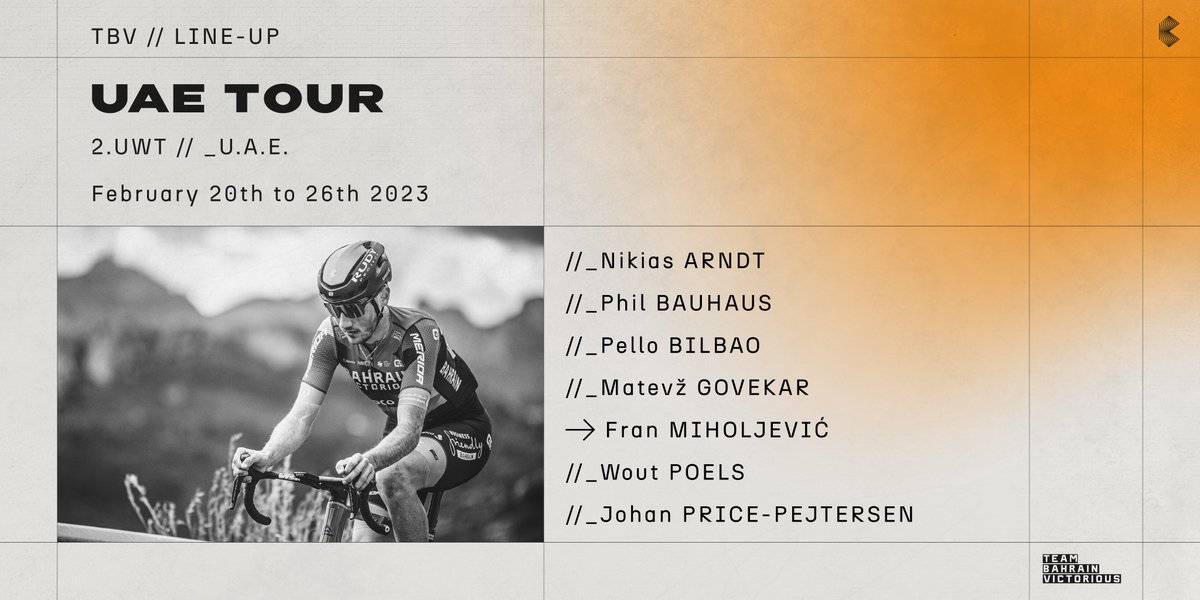 📣 Meet our team for the <a href="/uae_tour/">UAE Tour Official</a> 

🇩🇪 <a href="/NikiasArndt/">Nikias Arndt</a> 
🇩🇪 <a href="/PhilBauhaus/">Phil Bauhaus</a> 
🇪🇸 <a href="/PelloBilbao1990/">Pello Bilbao</a> 
🇸🇮 <a href="/MatevzGovekar/">Matevž Govekar</a> 
🇭🇷 <a href="/FranMiholjevic/">Fran Miholjević</a> 
🇳🇱 <a href="/WoutPoels/">Wout Poels</a> 
🇩🇰 <a href="/JohanPrice/">Johan Price-Pejtersen</a> 

#RideAsOne #UAETour

🔗 bit.ly/3IuLYTr