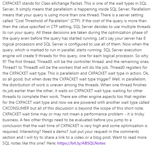 A_Bansal's tweet photo. SQL Server Notes by AB  | Note #22 | CXPACKET Wait Type - Part 1 | 17 February, 2023 | #ABSQLNotes

Want more Notes? Here: https://t.co/nPZ1oEwqZ4 https://t.co/oJLDtL1UFm
