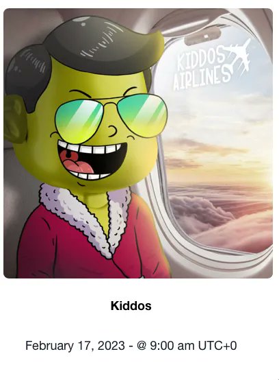 Kiddos drop is in 30 minutes👇

Date: February 17 2023
Time: 9:00am

Twitter: <a href="/KiddosCNFT/">｜ Kiddos ｜</a>   

Visit us at buff.ly/31WFEBG for upcoming drops

#CNFT #CNFTCommunity  #CNFTdrop #NFT #NFTCommunity #NFTProject #nftart #NFTartists