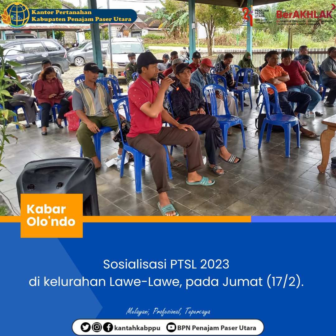 cinder_stacker's tweet photo. Ise kabar taka?

Halo #sobATRBPNPPU! 
Pada Jumat (17/2) hari ini, Kantor Pertanahan Kabupaten Penajam Paser Utara menggelar sosialisasi pelaksanaan PTSL 2023 di kelurahan Lawe-Lawe, kecamatan Penajam.

#ATRBPNPPU
#BPNPPU
#PTSL2023 https://t.co/NOVnZLxChz