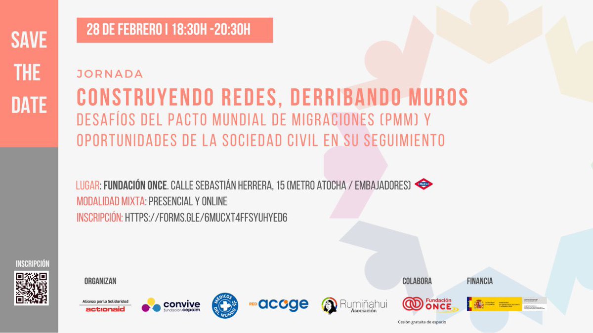 REDACOGE's tweet photo. #Agenda | #SaveTheDate 

⭕️ Jornada: Construyendo redes, derribando muros. Desafíos del Pacto Mundial de Migraciones #PMM y oportunidades de la sociedad civil en su seguimiento

🗓️ 28 de febrero | ⏰ 18:30h. 
📌 Sede de la @Fundacion_ONCE

📝 Inscríbete: https://t.co/kad0ep2THj https://t.co/eY8fel1uEG