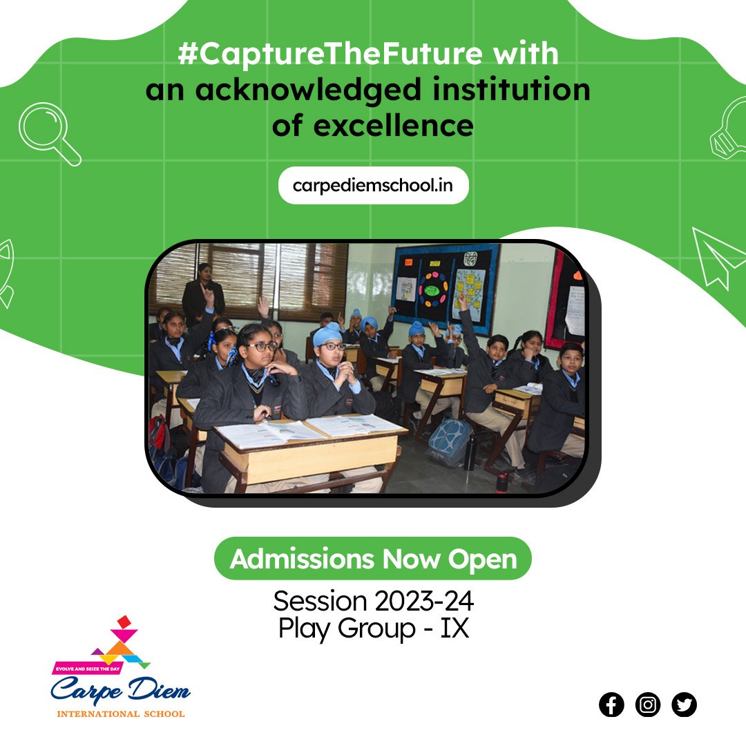 SchoolCarpeDiem's tweet image. Become a part of Carpe Diem: an esteemed institution of excellence that embraces innovation and excellence to capture the future.

Admissions Now Open
Session 2023-24
Play Group to IX

#CaptureTheFuture #StriveToEnhance #CaptureTheFuture #CarpeDiemInternationalSchool