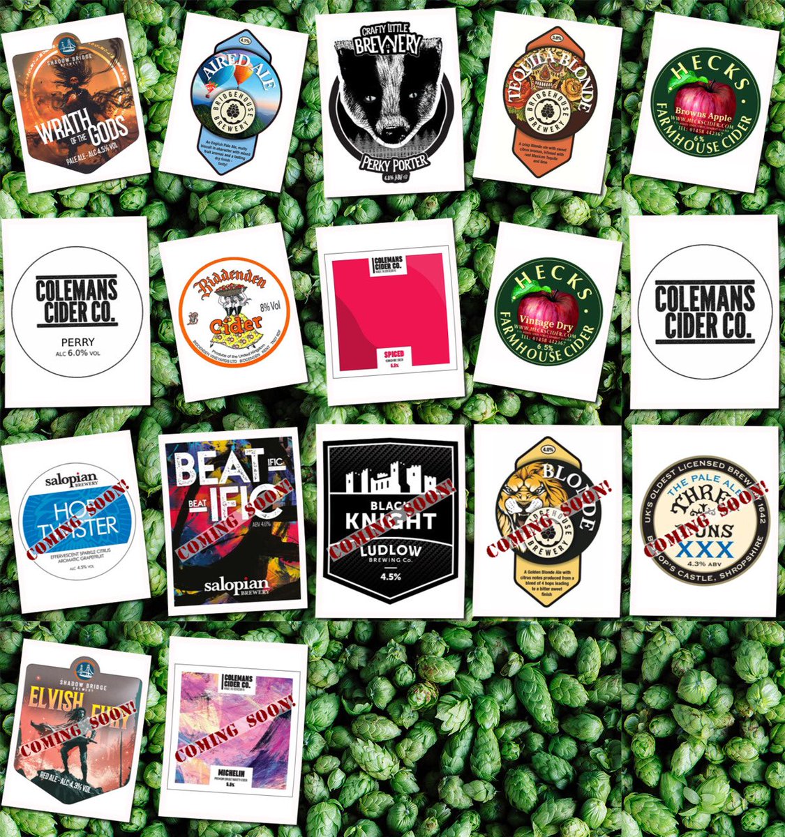 Hop and Vine, Hull (@tonyatthehop) on Twitter photo On the bar today at the Hop and Vine! gathering the Shropshire beers in the cellar ready fir Shropshire Day.
Beer Board: goo.gl/2RZNU6
#ShadowBridgeBrewery <a href="/BBrewery/">Bridgehouse Brewery</a> <a href="/CraftyLilBrew/">CraftyLittleBrewery</a> <a href="/HecksCider/">Hecks Cider</a> @colemanscider <a href="/BiddendenVine/">Biddenden Vineyards</a>
#RealAleFinder On the bar today at the Hop and Vine! gathering the Shropshire beers in the cellar ready fir Shropshire Day.
Beer Board: goo.gl/2RZNU6
#ShadowBridgeBrewery <a href="/BBrewery/">Bridgehouse Brewery</a> <a href="/CraftyLilBrew/">CraftyLittleBrewery</a> <a href="/HecksCider/">Hecks Cider</a> @colemanscider <a href="/BiddendenVine/">Biddenden Vineyards</a>
#RealAleFinder