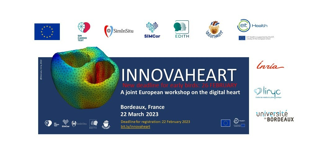 Join us in Bordeaux for the #InnovaHeart workshop on 22 March 2023. early birds deadline: 26 February. Join the EU projects @SimInSitu -@SIMCor -@EDITH-CSA - @inEurHeart @SimCardioTest simcardiotest.eu/wordpress/inno…