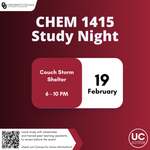 ou_asc's tweet photo. 🧪 Come study with us at the CHEM 1415 Study Night in Couch Storm Shelter on Sunday, February 19th from 6:00p-10:00p CT! 

🧪 Check out your CHEM 1415 Study Night Canvas Page for more info! Learn more about all of the Action Tutoring services offered at https://t.co/2XUkHMOnWY https://t.co/HgV3gmffhH
