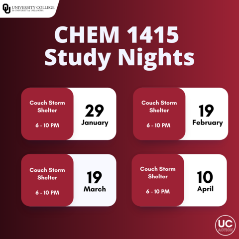 🧪 Come study with us at the CHEM 1415 Study Night in Couch Storm Shelter on Sunday, February 19th from 6:00p-10:00p CT! 

🧪 Check out your CHEM 1415 Study Night Canvas Page for more info! Learn more about all of the Action Tutoring services offered at ou.edu/action
