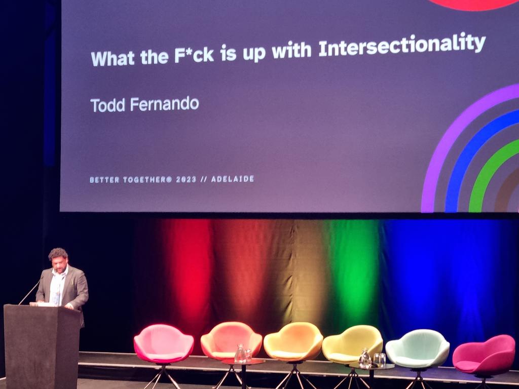 Intersectionality cannot be replaced by diversity.
There is such misuse of the word. When we hear it misused, maybe it is about responding. Speaking to those in power about how to implement change

 It's always inspiring to hear <a href="/ToddFernando/">Todd Fernando</a> <a href="/VicLGBTIQ/">Victorian LGBTIQ+ Commissioner</a> speak #BetterTogether2023