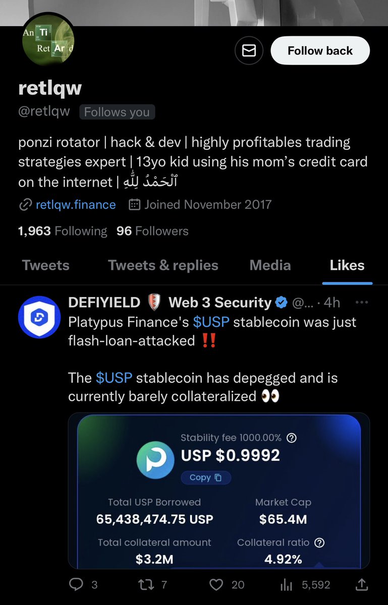 zachxbt's tweet photo. I’ve reviewed your transaction history across multiple chains which lead me to your ENS address retlqw.eth 

Your OpenSea account links directly to your Twitter and you liked a Tweet about the Platypus exploit. https://t.co/ojgNBwKc2K