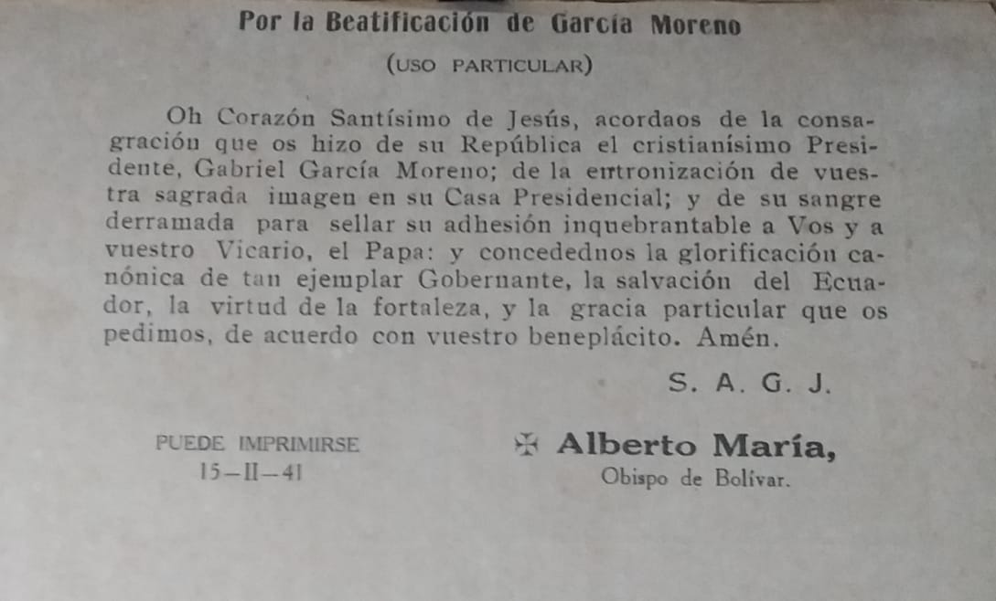 instgarciano's tweet photo. SEGUNDA ESTAMPA DE ORACIÓN POR LA CAUSA DE BEATIFICACIÓN DE GABRIEL GARCÍA MORENO.

Dirigida al Corazón de Jesús por la Causa de GGM, aprobada el 15 de febrero de 1941, por parte de Mons. Ordoñez Crespo.

Estampa original del año 1941, compuesta por el padre Severo Gomezjurado. https://t.co/fBxSmwUoiC