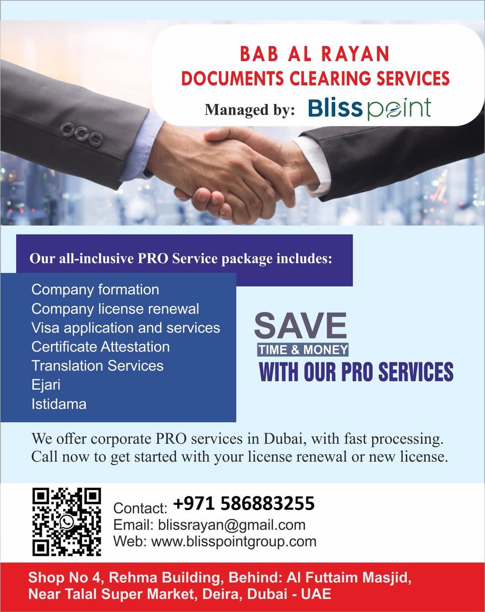 BlissPointDeira's tweet image. Our all-inclusive #ProService  Package Includes:
Company Formation.
Company License Renewal.
Certificate Attestation. Etc....

For more information call us today.
Call: +971 586883255
Email: blissrayan@gmail.com
Web: blisspointgroup.com
.
.
.
#blisspointgroup #foryou #Tbt