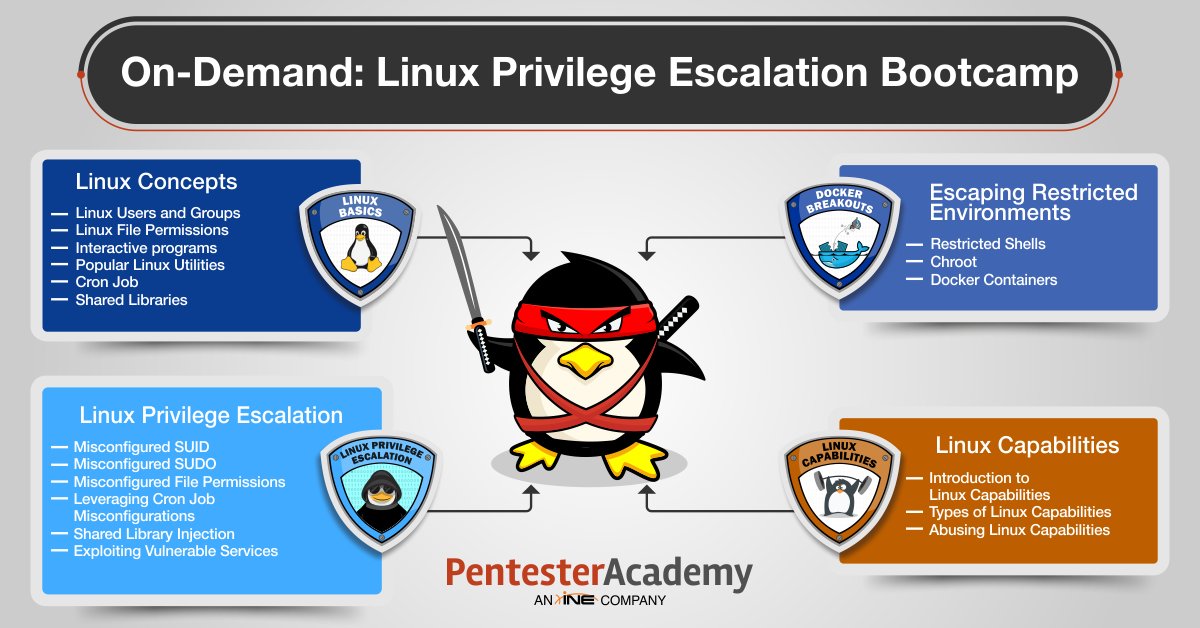 SecurityTube's tweet photo. Linux security mechanisms are comprehensive when it comes to coverage, but are equally complex. With 11+ hours of video instruction and over 35 hands-on labs, our on-demand Privilege Escalation bootcamp recording covers beginner and advanced techniques: https://t.co/IE5wRMUAnF https://t.co/aM8D7oJbof
