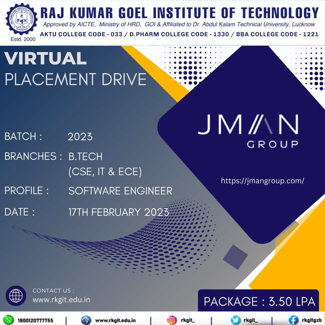 𝐉𝐌𝐀𝐍 𝐃𝐢𝐠𝐢𝐭𝐚𝐥 𝐒𝐞𝐫𝐯𝐢𝐜𝐞𝐬 Conducting a #virtualplacement drive
📅Date: 17th February 2023
🛄 Branches Allowed:  B.Tech (CSE, IT & ECE)
🧑🏻‍🎓 Batch: 2023
💰 CTC: 3.50 LPA
#getyourselfplaced #engineering  #BTech  #IT #CSE #ECE #topbtechinstitute #jman