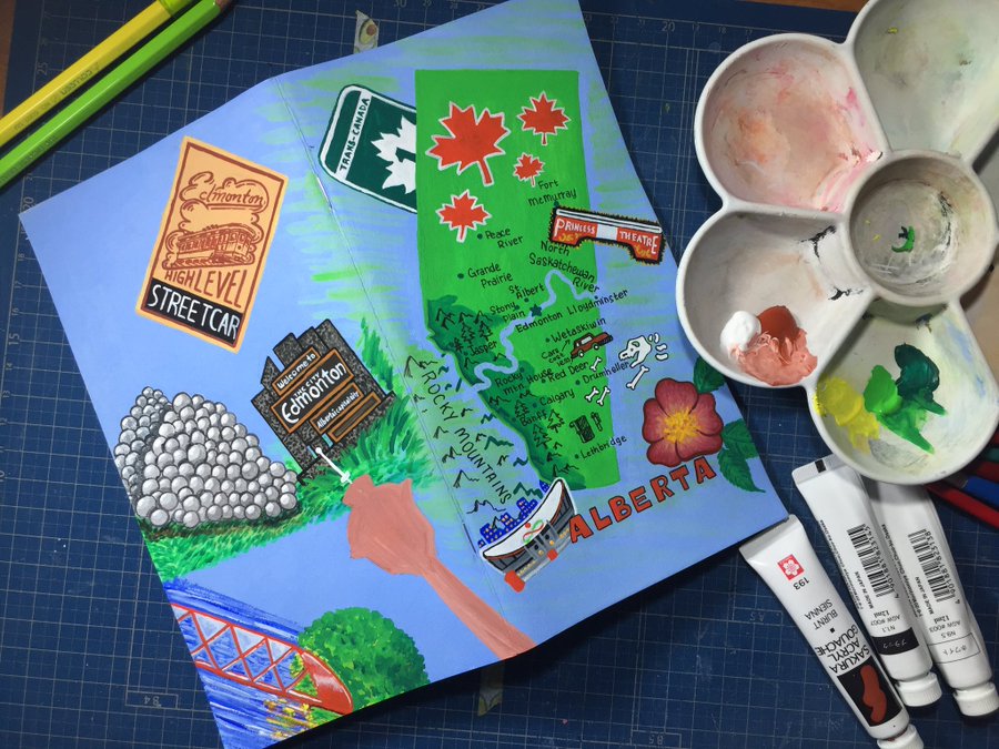 This custom cover features the province of Alberta on the front with the major locations marked. Other landmarks, and symbols of Canada and Alberta are illustrated too. This includes the Princess Theatre, the Calgary Saddle Dome, the wild rose, the Trans Caada Highway sign, the Edmonton High Level Streetcar sign, the Welcome to Edmonton sign, the Talus Dome, the Calgary Peace Bridge, and the Calgary Tower. The Calgary Tower is still in progress, and only the base paint has been applied so far.