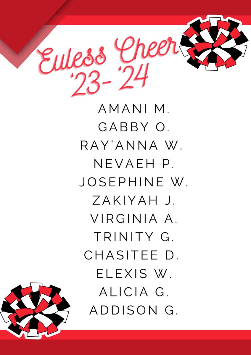 EulessCheer's tweet photo. Announcing the ‘23-‘24 cheer team! Thank you to everyone who tried out and congrats to those who made it! ❤️🖤 #EJHStallionStrong #EulessCheer https://t.co/7Ov4n4Du3D