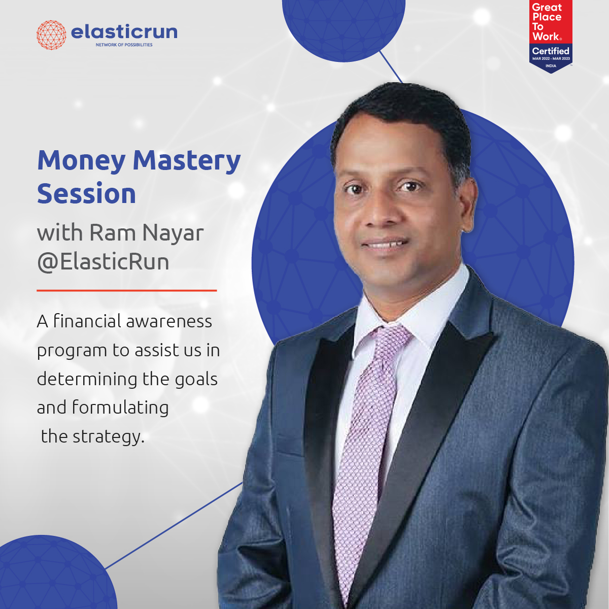 elastic_run's tweet image. Mr. Ram Nayar, a financial adviser with over 30 years of expertise, highlighted how financial planning leads to wealth building through basic investment procedures in his session with #elasticrun employees
#financialplanning #worklife #tips #NetworkOfPossibilities #struggles