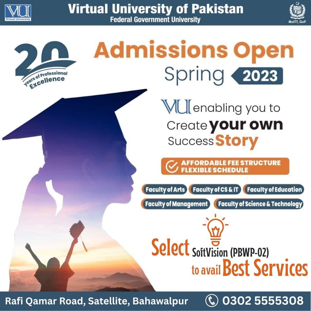 softvisionvu's tweet photo. Admissions Open at Virtual University of Pakistan Spring-2023 ...!!
Get Free Consultation
regarding Admissions and eligibility criteria.
Select Softvision Campus (PBWP-02) to avial Best Services &amp; guideline.
For more Info please Contact: 0302 5555308 / 0302 5555318 https://t.co/h8Hy9knSuW