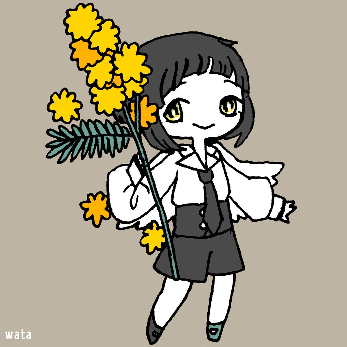 solo flower yellow flower black necktie necktie smile black hair  illustration images