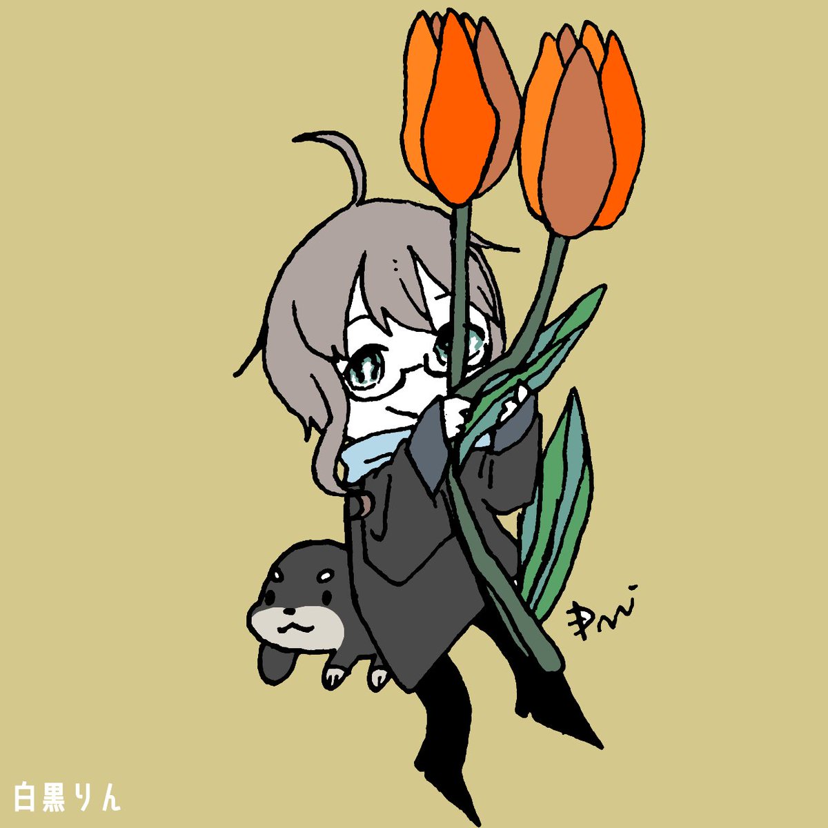 flower glasses ahoge tulip simple background smile holding  illustration images