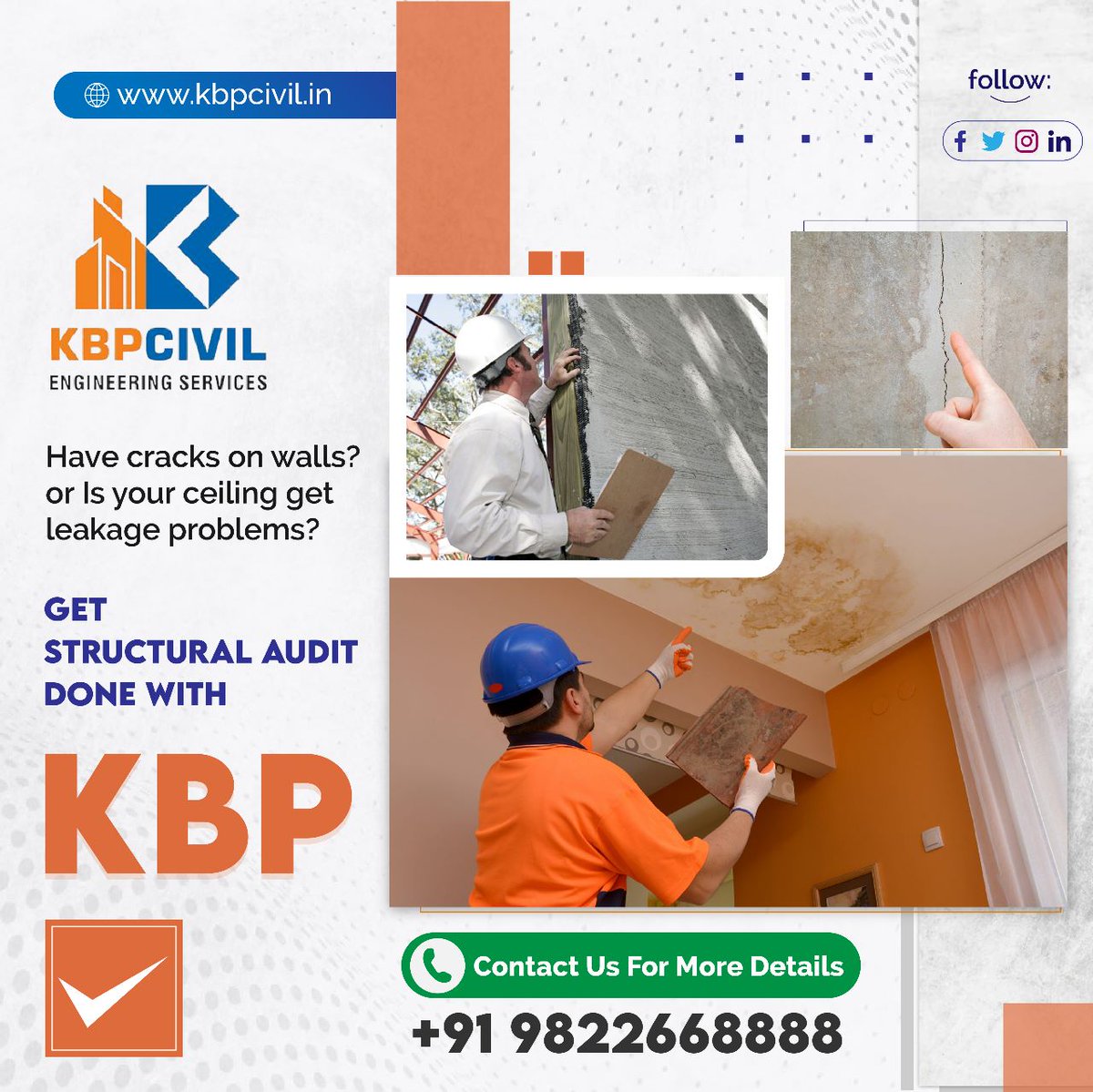 kbpcivil's tweet photo. Are you suffering from cracks on your wall ? Is your ceiling leaking ? Get Structural Audit Done with KBP . We can help you solve these problems and get back to living an active life.🏢🏗️👷

Contact Us 
📱 +919822668888

Website:-
🌐 https://t.co/Dir8nbcFTr https://t.co/vIzO8irw3c