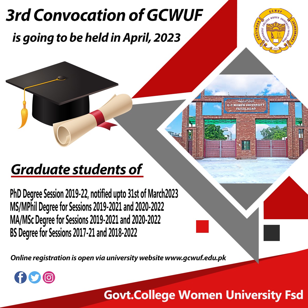 gcwufedupk's tweet photo. Convocation Alert!!!
3rd Convocation of GCWUF is going to be held in April, 2023.
Online registration is open via university website https://t.co/fUtFHpCpXh
#gcwuf #womenuniversity #3rdconvocation https://t.co/eImuyR3pzw