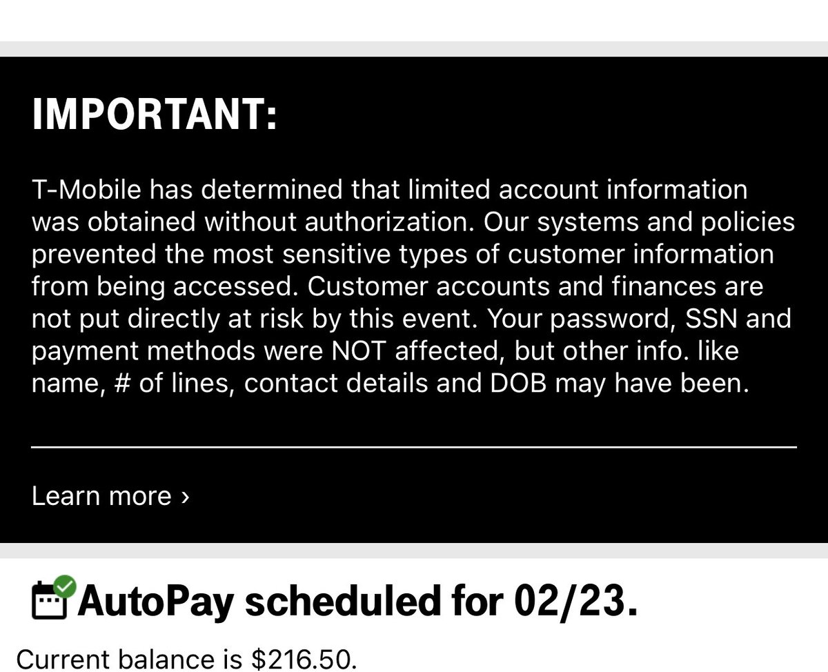 MrSerbious's tweet photo. @TMobile one breach settlement while another occurs. You’re dropping the auto pay discount on credit card auto pay customers? $30 increase for me if so. Missing referral bonus, recent $5 bill increase w/no explanation. Now this? @Visible do you have tablet lines?#MagentaCashGrab https://t.co/7QjHqEnVFK