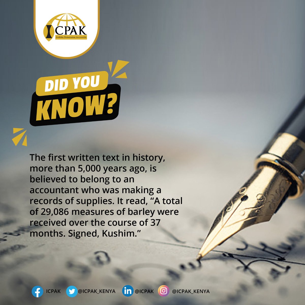 ICPAK_Kenya's tweet photo. #DidYouKnow
Accounting’s history can be traced back thousands of years to the cradle of civilisation in Mesopotamia and is said to have developed alongside writing, counting and money. https://t.co/dxXYxeQajY