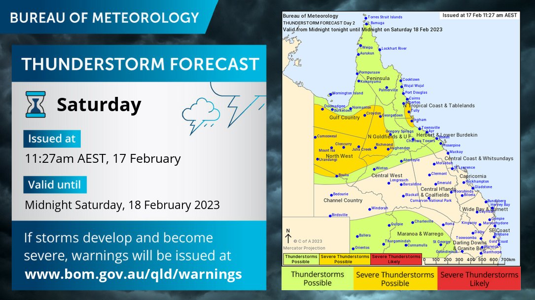 BOM_Qld's tweet photo. Thunderstorm forecast tomorrow (18/02): Severe storms possible in #GulfCountry # NorthWest #NorthernGoldfields and tropical east coast between #Cairns and #Townsville. Risk of HEAVY RAINFALL/FLASH FLOODING. Separate severe weather warning in NW also likely for tomorrow. https://t.co/epvKvRK7Bz