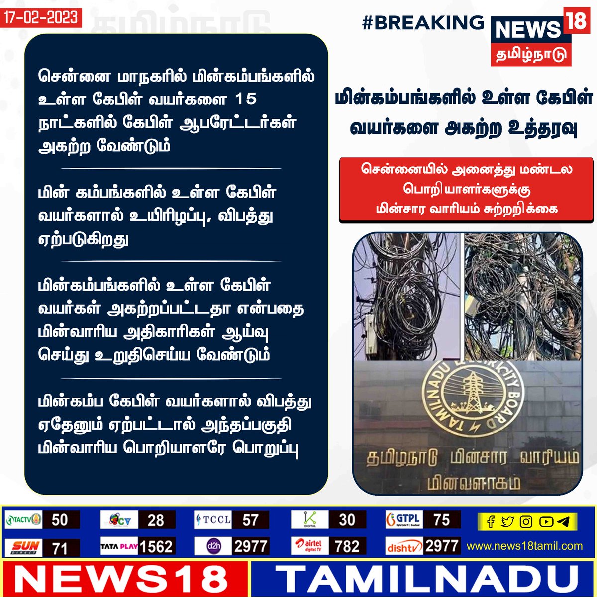 News18TamilNadu's tweet image. #BreakingNews மின்கம்பங்களில் உள்ள கேபிள் வயர்களை அகற்ற உத்தரவு
#TNEB #CableWires #Chennai #News18TamilNadu news18tamil.com