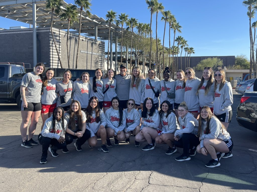 WOUSoftball's tweet photo. Had to make a quick pit stop on our way to Tucson to visit @Coach_Sarg  

p.s…we still think you look better in red &amp; black 😜 https://t.co/2ZD4n2f1rS