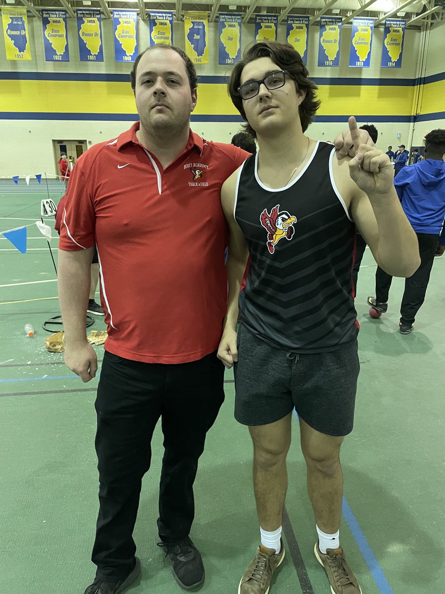 Aiden Dentice comes out strong in our first meet with a stellar 48’4” in the shot. A PR by 4-1/2 feet!!  (Pictured here with new throws Coach Frank Scheck - a Benet grad and weight man stud himself.)