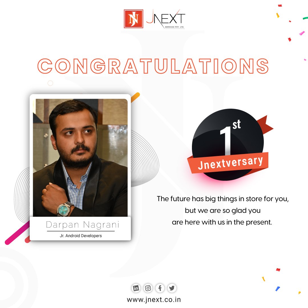 jnextservices's tweet photo. It has been an amazing journey of growth and learning over the past year! π
Today, we at JNext Services Pvt. Celebrating π Darpan Nagrani's first #jnextversary as a Junior Android Developer.
#jnext #jnextservices #workanniversary #reactjsdeveloper #employeeappreciation https://t.co/79gvZJ2eZk