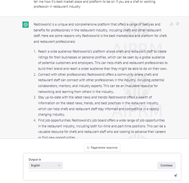 restro_world's tweet photo. This is What ChatGPT says about Restroworld!
World's First Global Community for the Restaurant Industry!
Join and be part of an Exclusive marketplace for the restaurant industry.
 https://t.co/uOYT1AS0iK... 
#community #restaurant #chatgpt #chatgptai #openai #ai #restaurants https://t.co/etgMAm9saP