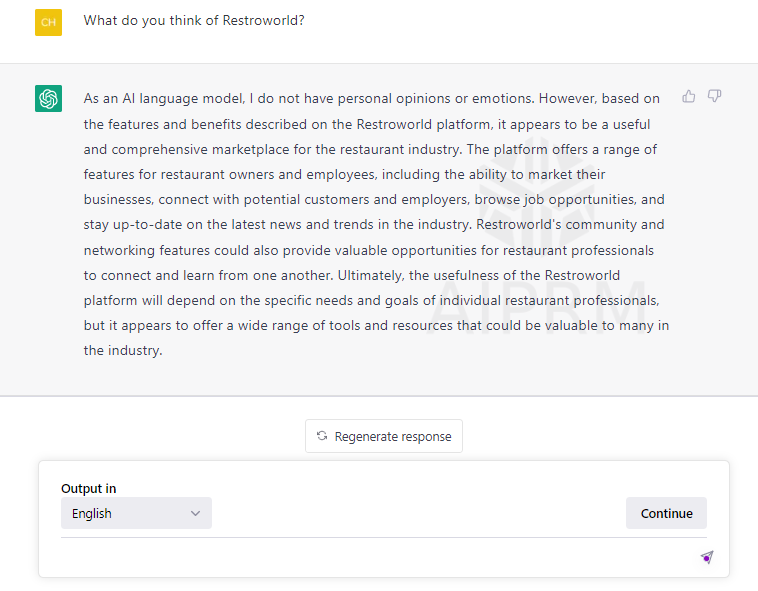 restro_world's tweet photo. This is What ChatGPT says about Restroworld!
World's First Global Community for the Restaurant Industry!
Join and be part of an Exclusive marketplace for the restaurant industry.
 https://t.co/uOYT1AS0iK... 
#community #restaurant #chatgpt #chatgptai #openai #ai #restaurants https://t.co/etgMAm9saP