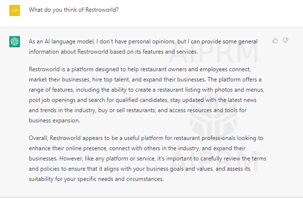 restro_world's tweet photo. This is What ChatGPT says about Restroworld!
World's First Global Community for the Restaurant Industry!
Join and be part of an Exclusive marketplace for the restaurant industry.
 https://t.co/uOYT1AS0iK... 
#community #restaurant #chatgpt #chatgptai #openai #ai #restaurants https://t.co/etgMAm9saP