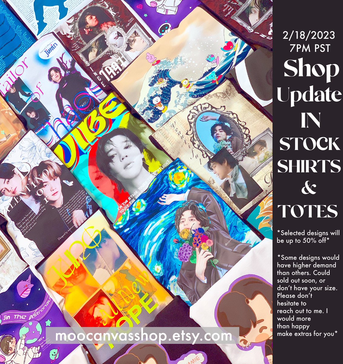 moocanvas's tweet photo. SH0P UPDATE: IN STOCK SHIRTS AND TOTES This Sat 2/18 at 7PM PST 
At https://t.co/sh3B8Dq7Fh

#bts #btsshirt #btsfanart https://t.co/SiVj70AIcr