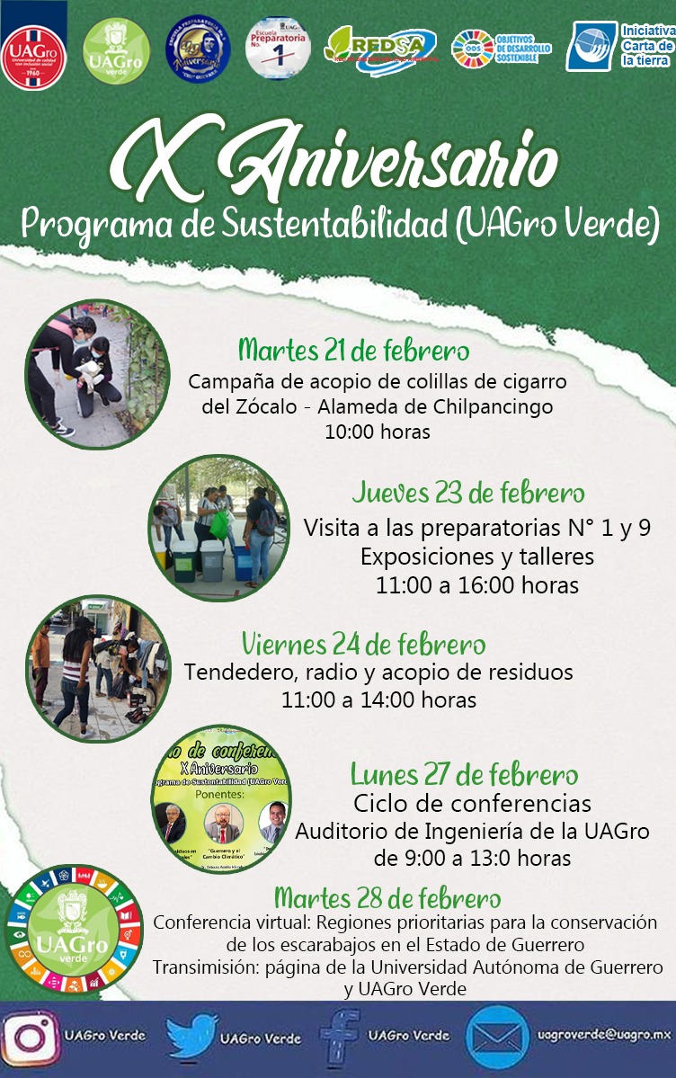 UAGroVerde's tweet photo. Consulta el calendario de actividades para conmemorar el Décimo Aniversario del Programa de Sustentabilidad (#UAGroVerde) 
Conferencias, talleres, exposiciones y muchas actividades dónde podrás aprender a cuidar tu entorno. Te esperamos! https://t.co/a2N4Pvokyj