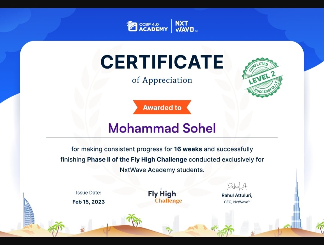sohel_mohammed2's tweet image. hi friends
Certificate of Appreciation
for Fly high challenge Level 2 has been completed
Thank you
#ccbp
#nxtwave
#rahulattuluri sir 
#tech
#level 2
#completed