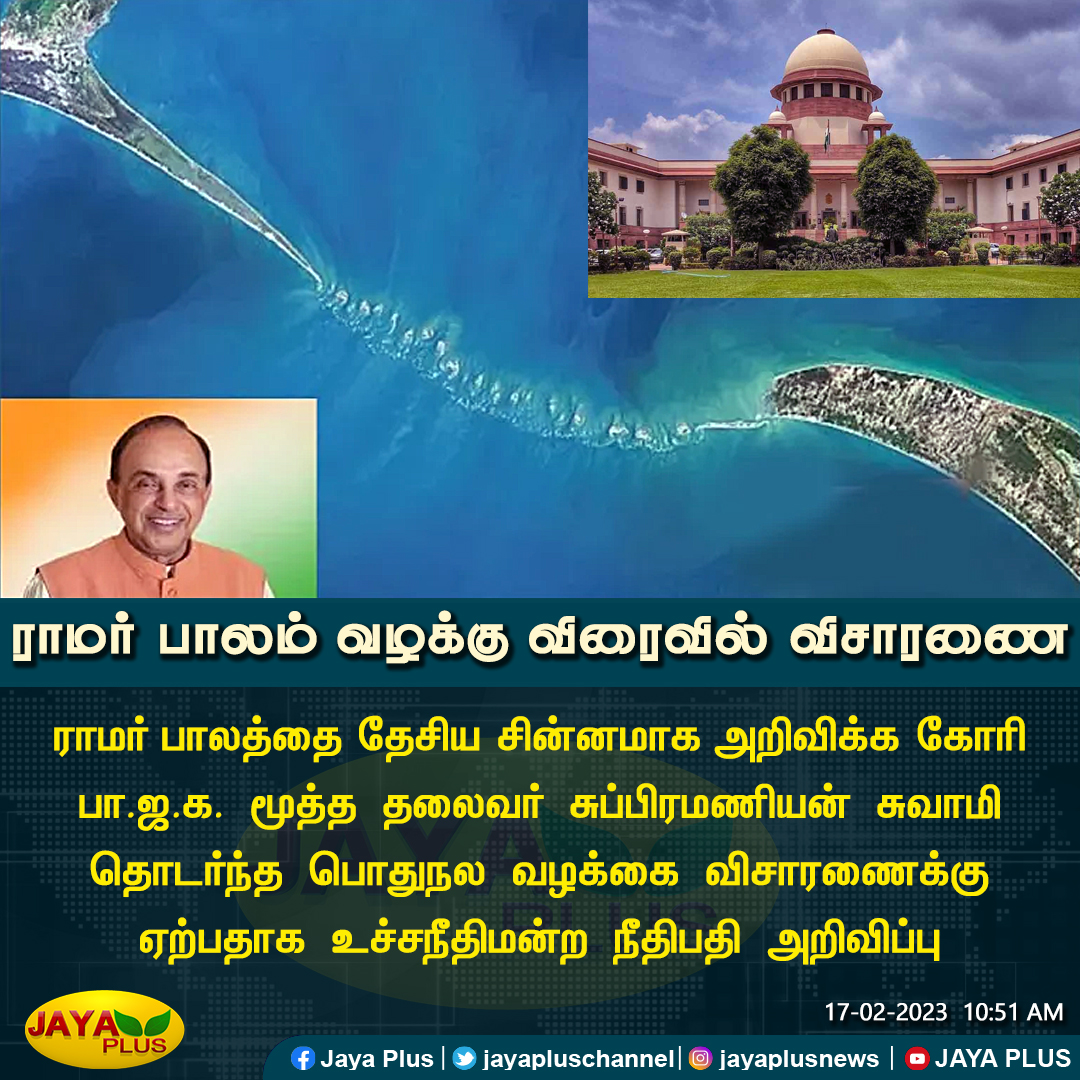 jayapluschannel's tweet photo. ராமர் பாலம் வழக்கு விரைவில் விசாரணை
#RamarBridge #SupremeCourt #JayaPlus https://t.co/3uvQYi4DLp